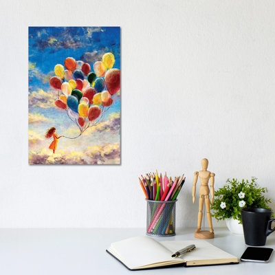 Woman Flying With Balloons Among The Clouds by Valery Rybakow - Wrapped Canvas Painting