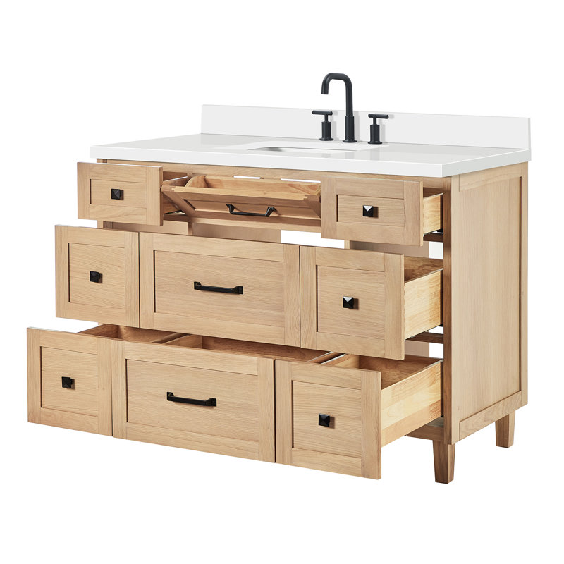 ARIEL Monroe 61 Single Sink Bathroom Vanity with Pure Quartz Top, Matte Black, Oak, 61"