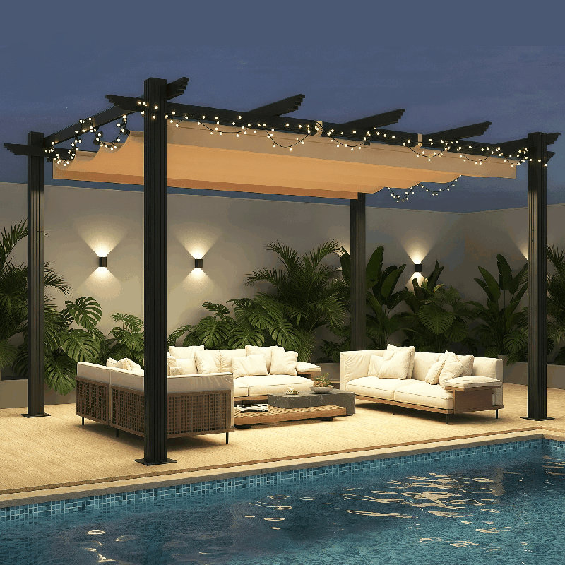 Erommy 10' X 13' Outdoor Pergola With Retractable Canopy, Heavy-duty Metal Frame And Adjustable Patio Shade Roof, Khaki