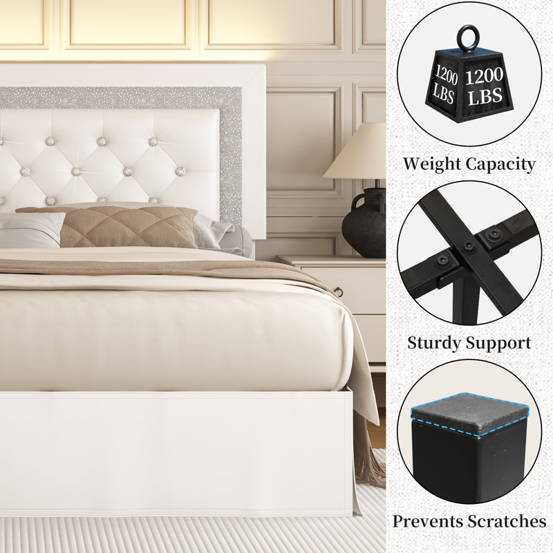 Bed Frame with Adjustable Headboard and Diamond Button Upholstered Tufted Beds, White, Queen