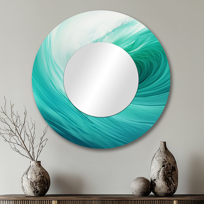 Turquoise Wondrous Wave Spiral - miroir décoratif spirales abstraites, grand miroir mural rond turquoise, impression d'art en métal