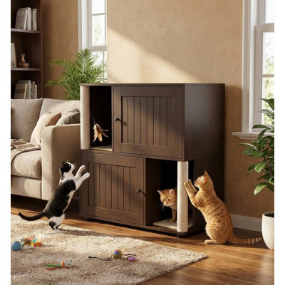 Cat Litter Box Furniture, Cat Litter Cabinet w/ Double Enclosed wastebox Enclosure, Wooden Cats Box Furniture w/Scratching Post & Dual Mats