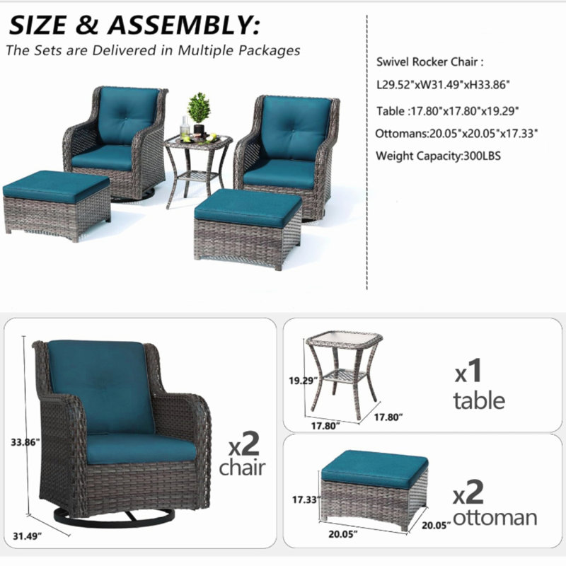 Wicker Patio Furniture Set - 5 Piece Rattan Outdoor Sectional Conversation Sets With 2 Swivel Rocking Chairs,2 Ottomans And 1 Side Table