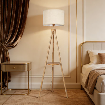Lampe trépied moderne Mid-Century avec tablette - DEL à intensité variable avec télécommande, 4 températures de couleur, fonction mémoire et abat-jour en lin pour le salon, la chambre à coucher, le bureau
