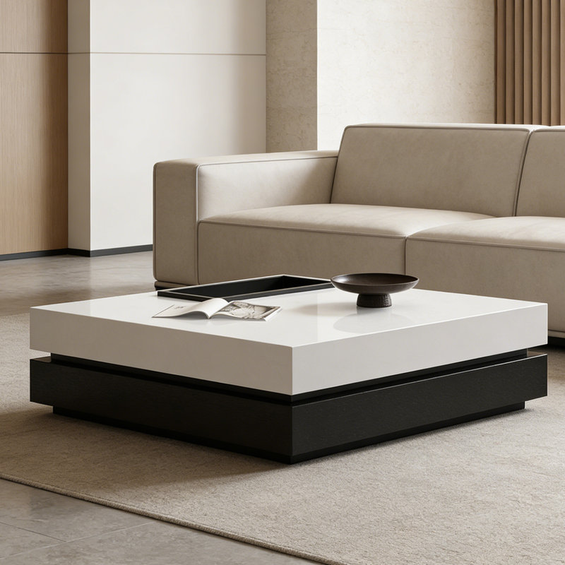 Table basse carrée sur pied avec plateau, Blanc, H 13,77 po x L 47,24 po x l 47,24 po, Noir