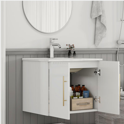 24-Inch Wall-Mounted Bathroom Vanity with Sink Combo,Double Doors,Soft Close Hinges, Ceramic Basin,Easy Assemble,Gold Metal Long Handle,Storage Space,Glossy White