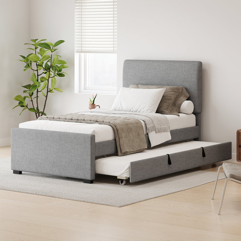 Lit plateforme simple tapissier en lin avec lit gigogne et tête de lit ajustable rembourrée, sans sommier tapissier, gris