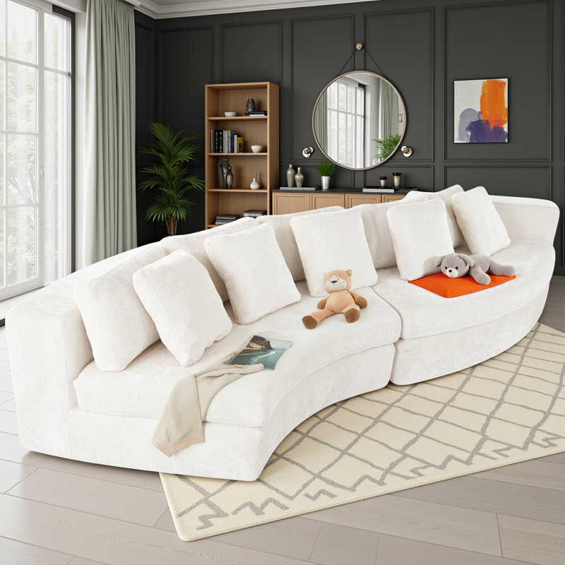 Canapé modulaire en chenille de 115,7 po Boneless - 2 pièces courbées avec 5 coussins, sans assemblage requis, Chenille beige