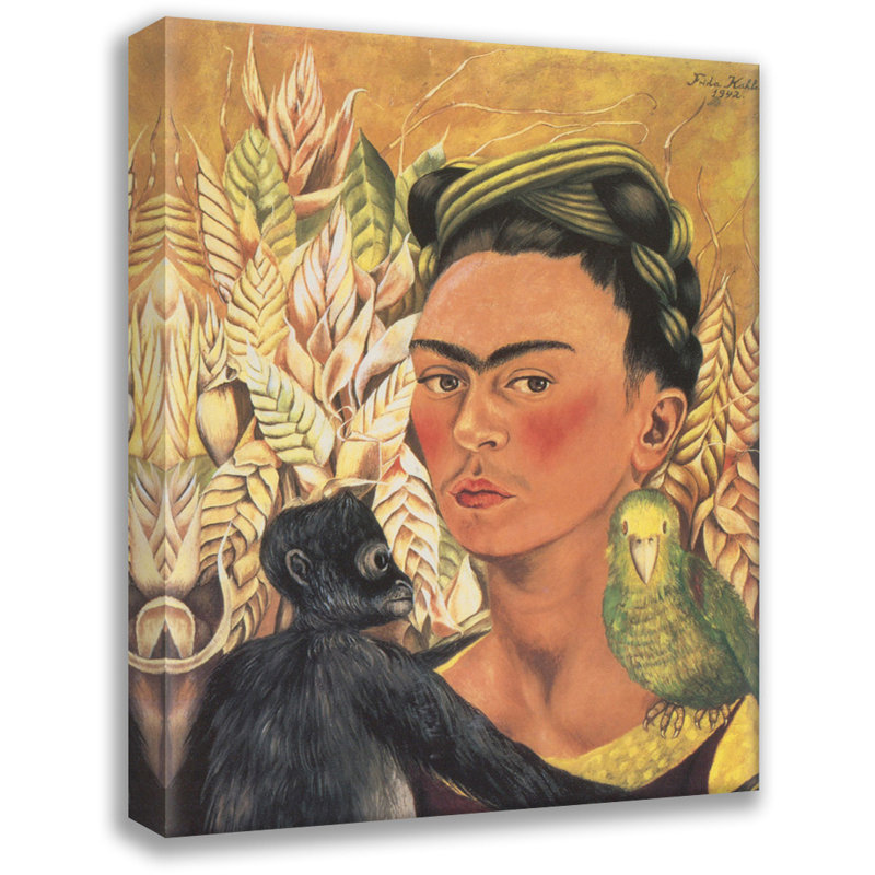 Autoportrait avec singe et perroquet par Frida Kahlo, toile tendue avec châssis, H 18 po x l 13 po