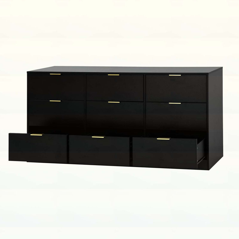 Armoire 9 tiroirs avec poignées dorées, rangement spacieux pour les chambres et les salons, Noir