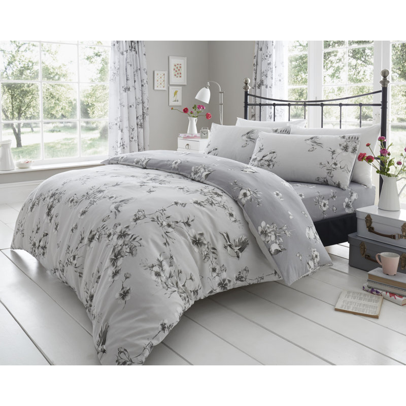 Birdie Blossom 144 TC Modern & Contemporary Duvet Cover Set, Grey, King