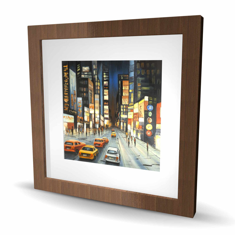 Vue sur Times Square - reproduction illustrée d'une voiture encadrée, Brun, H 16 po x l 16 po