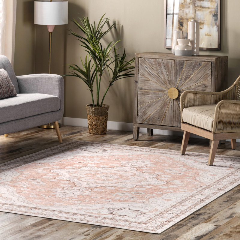 Ashtin Zahra Medallion Machine Washable Area Rug for Living Room Bedroom Dining Room Kitchen, Peach/Ivory, Square 6'