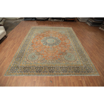 Grand tapis traditionnel orange en laine à motif floral 10 x 14