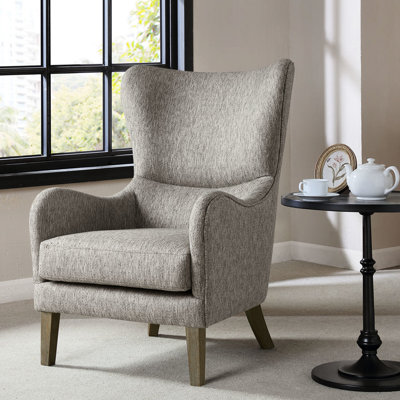 Fauteuil à oreilles Swoop avec accoudoir rond, garniture passepoilée, pieds en bois massif, coussin en mousse haute gris pour un fauteuil de yoga confortable, accoudoirs, coussin, siège amovible, finition, 100% tissu, l 27,75 po x P 33 po, H 41,25 po