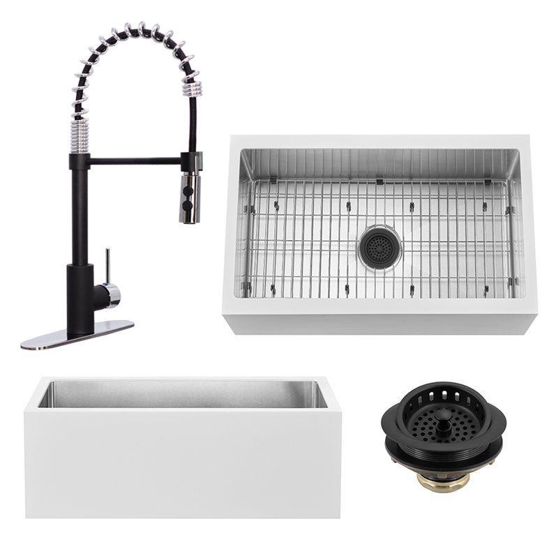 Évier de cuisine à tablier simple 30 po L, Noir mat / chrome poli