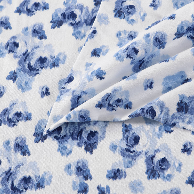 Ensemble de draps en flanelle de coton brossé, Ensemble de draps pour grand lit avec 2 taies d'or, Bleu Emelisa