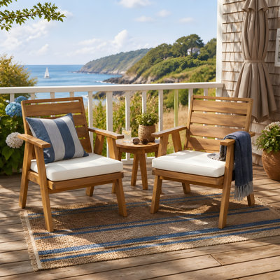 Chaises de salle à manger d'extérieur rustiques en bois d'acacia Presidio avec coussins lavables pour la cour, le jardin et la piscine