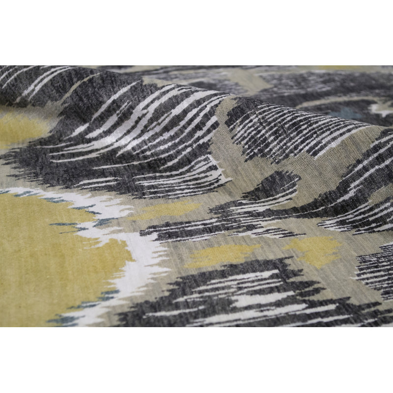 Wool Damask Area Rug in Dark Gray/Yellow