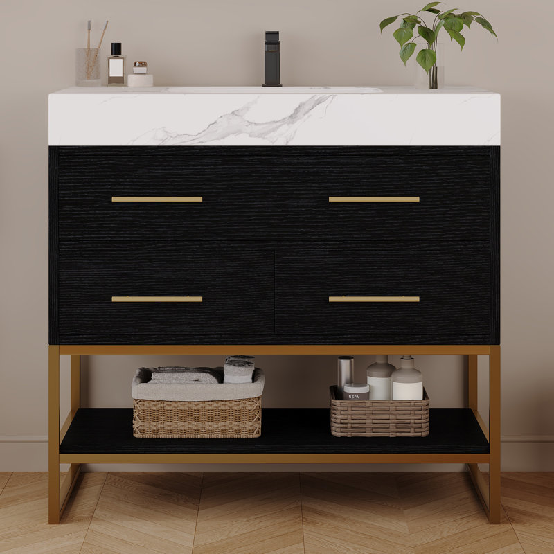 36" Modern Bathroom Vanity With Sintered Stone Top, Ceramic Sink, Gold Legs & Flip Drawer & Soft-Close Drawers