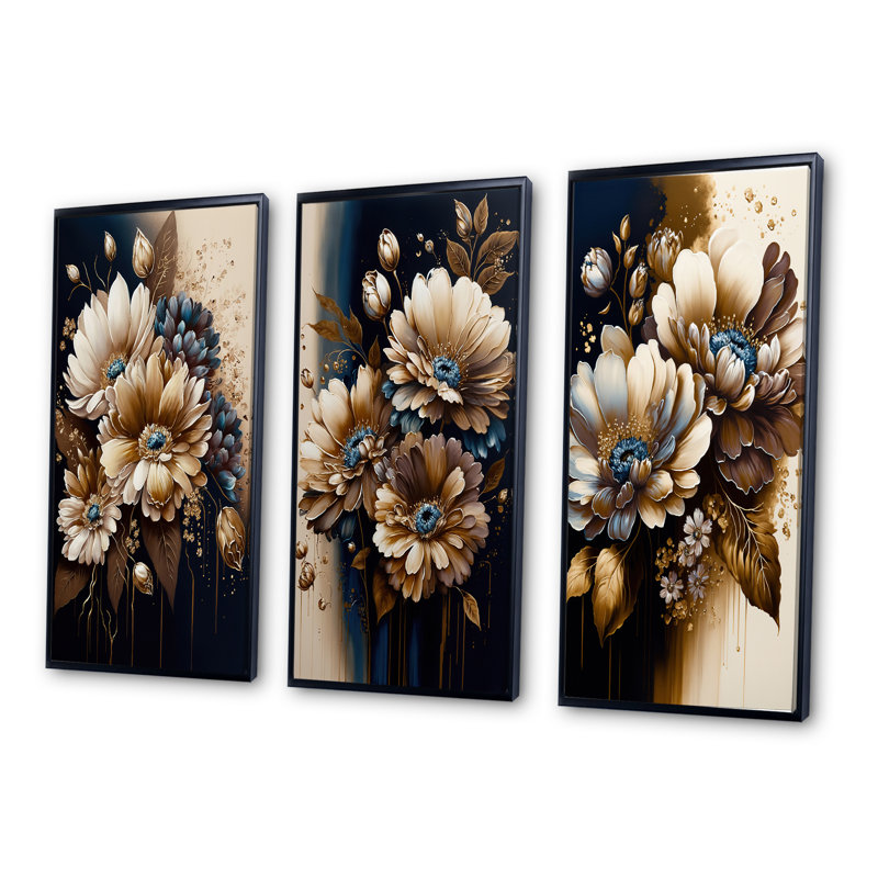 «Brown Daisy Bunch», 3 pièces sur toile, Noir, H 32 po x l 48 po