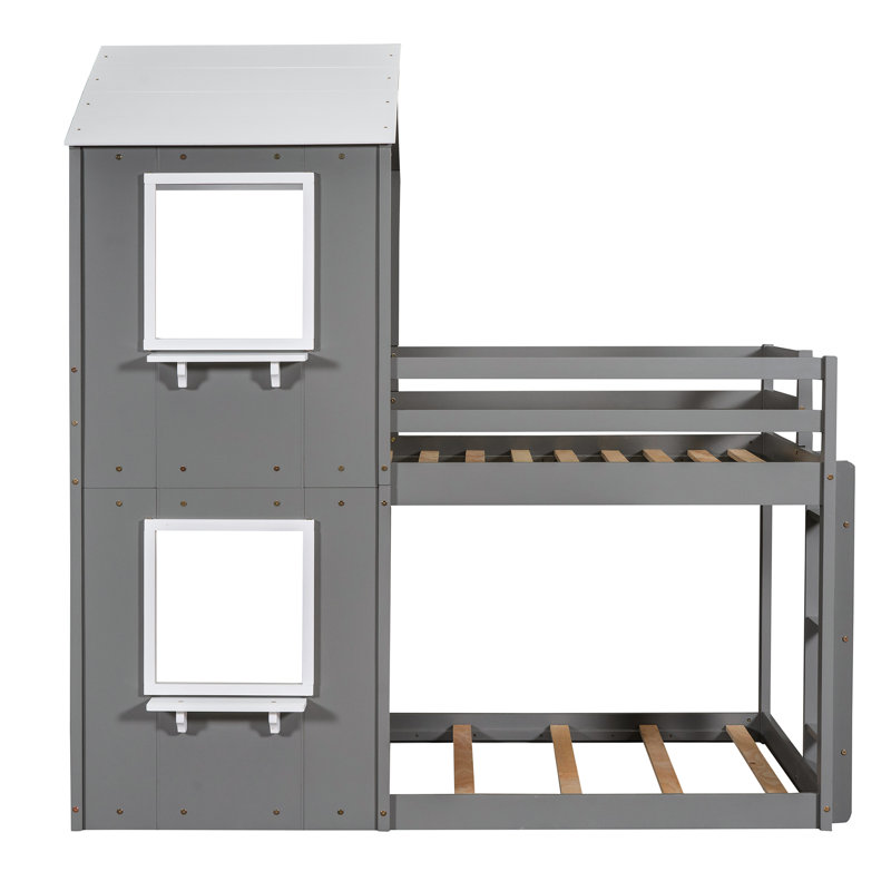 Twin Over Bunk Bed - Pinewood Construction With Playhouse Theme  White  With Guardrail To Accidental Falls, Gray