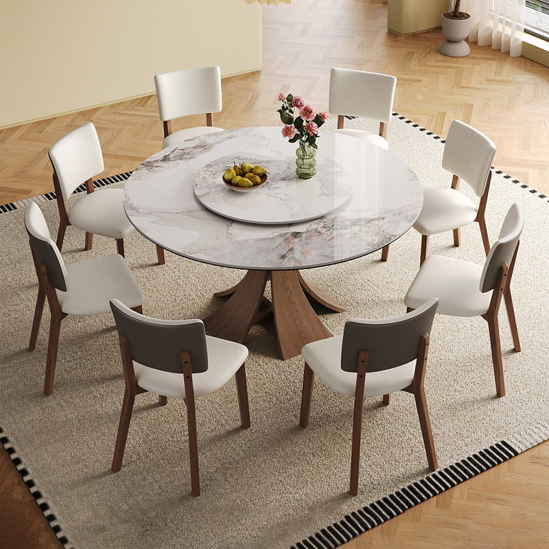 Ensemble de table de salle à manger 59 pouces en pierre frittée moderne, avec une table tournante ronde de 35 pouces, pouvant accueillir 6 à 8 personnes, et une base en bois unique de couleur noyer (table + 8 chaises)