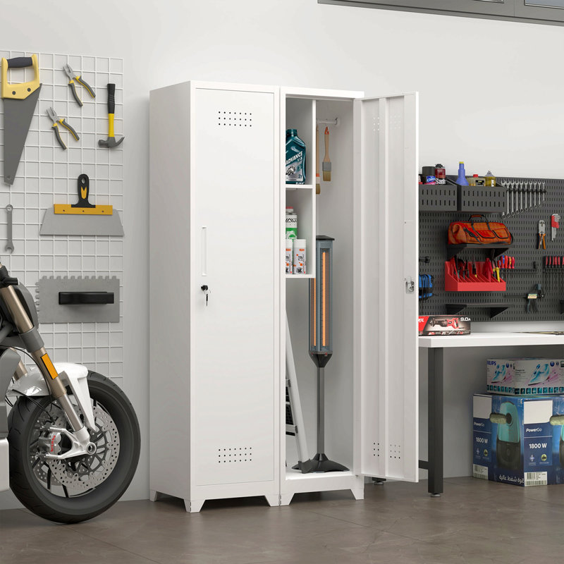 Metal Broom Storage Cabinet, 65" Narrow Broom Cabinet With Hooks, Slim Bathroom Storage Cabinet With Shelves, Heavy-Duty Cleaning Storage Cabinet For Utility Room, Gym, Office, Garage, Utility Shelves