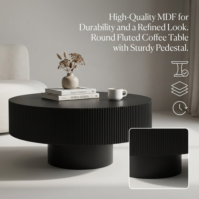 Table basse moderne à piédestal cannelé moderne, Noir, H 13,78 po x L 30,31 po x l 30,31 po
