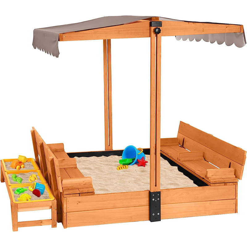 Large Wooden Sandbox with Adjustable Canopy and Toy Bin Storage