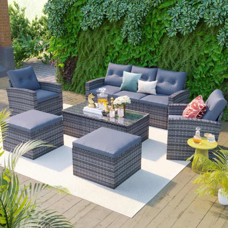 Ensemble de patio 6 pièces en osier avec canapés et repose-pieds toutes saisons