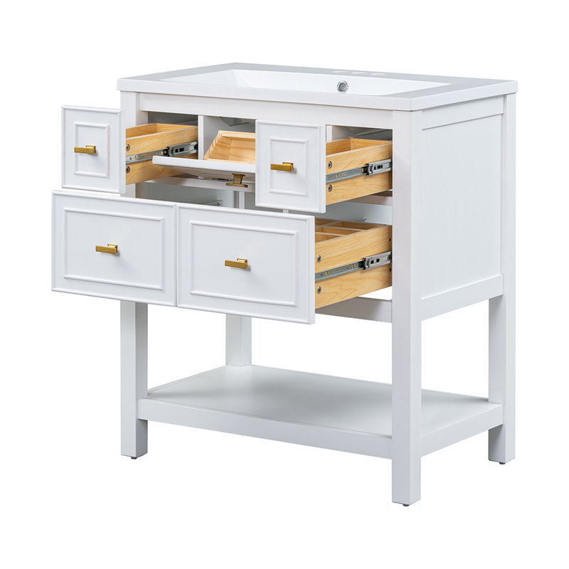Ensemble de meuble-lavabo simple avec 5 tiroirs, Blanc