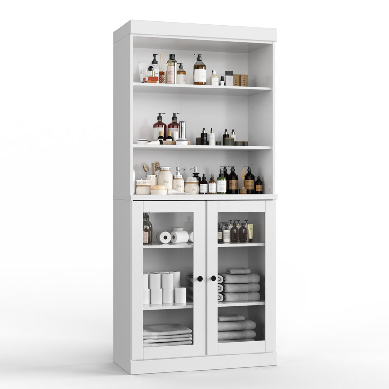 Armoire de salle de bain 100% bois massif 32 "avec portes en verre et tablettes réglables, White