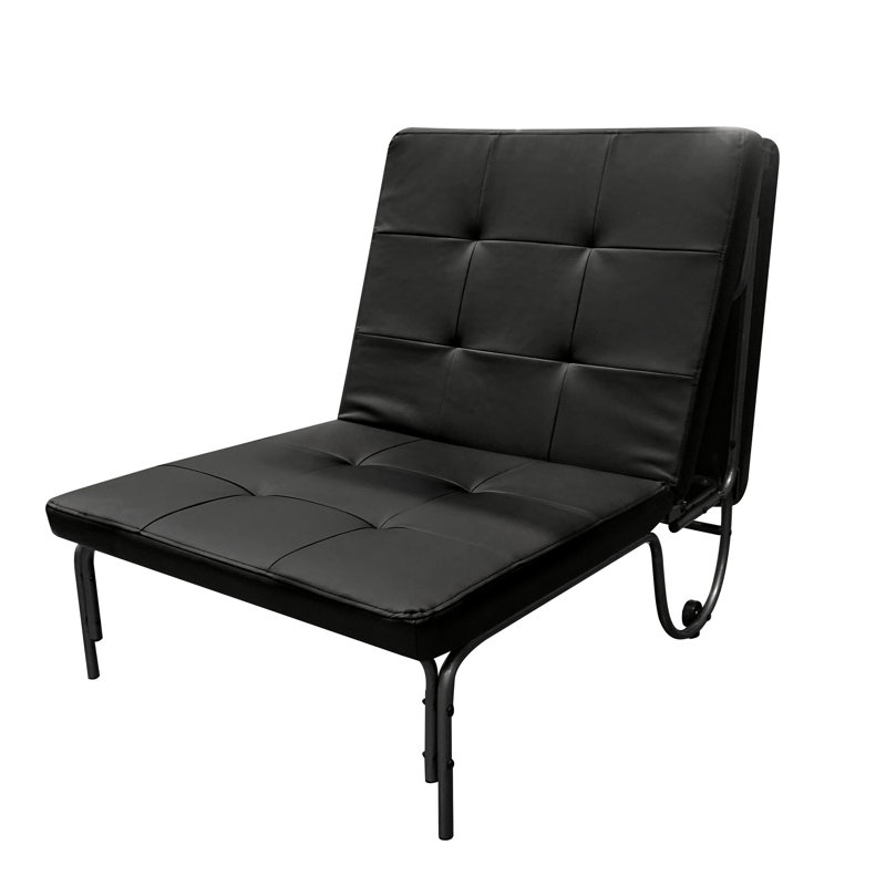 Adjustable Black Chair Futon Convertible To A Foldable Bed, Pu Upholstered Cushion, Metal Frame And Caster Wheels, 220Lbs Weight Support, Size 37"W X 28"D 33"H, Bed 75"W 11"H Finish With Mechanism,
