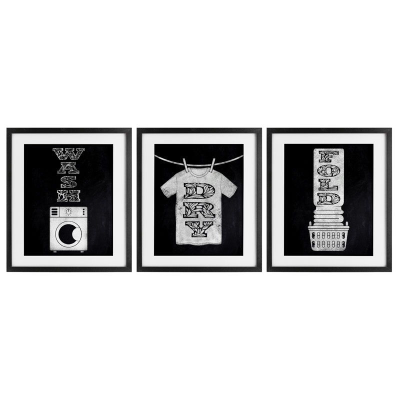 Wash & Dry Ornate Letters, ensemble de 3 impressions encadrées sous verre, design par Marcus Prime, H 21 po x l 17 po