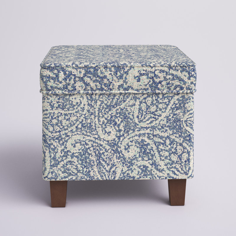 Blue/Gray Paisley Upholstered Square Storage Ottoman with Dark Walnut Legs