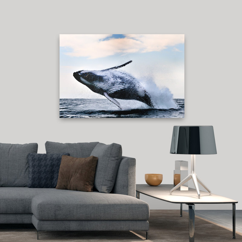 Giant Humpback Breaching Dramatic Abstract Contemporary Whale Nature Ocean Wall Art, 32" H x 48" W