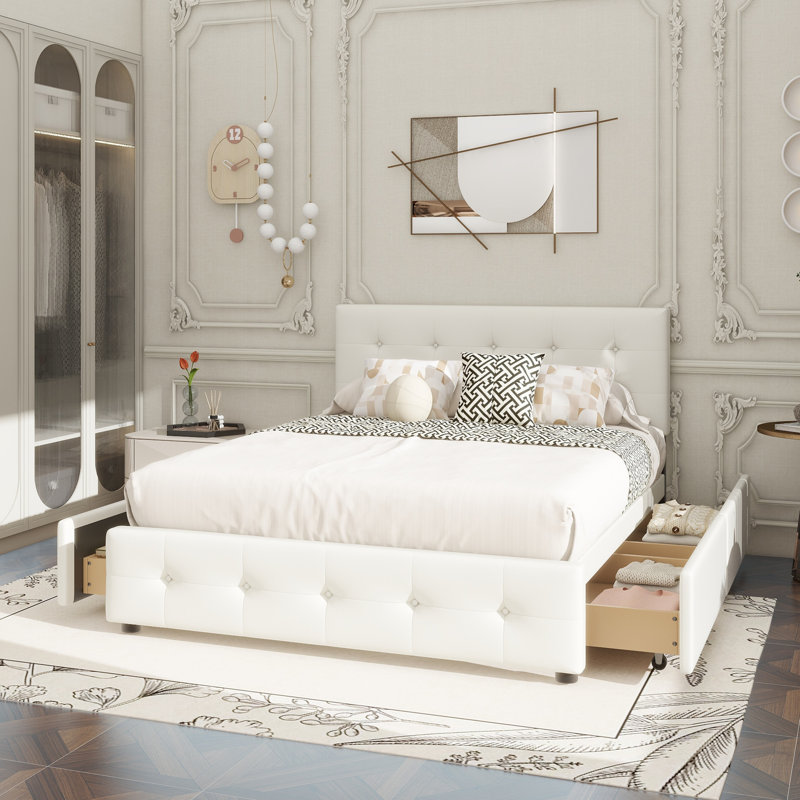 Upholstered Platform Bed With Classic Headboard And 4 Drawers, No Box Spring Needed, Linen Fabric, Queen Size, Blanc