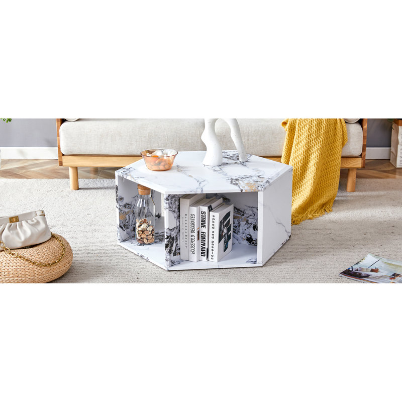 Hexagonal MDF Coffee Table, Characteristic Pattern Stickers, Multi-Hole Design To Give More Storage Space