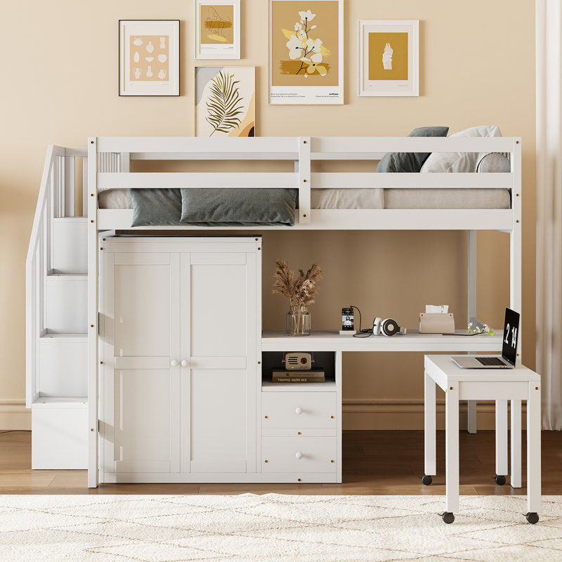 Loft Bed With Stairs, Bookshelf, Drawers, Desk Wardrobe – Space-Saving Multifunctional Furniture For Kids Teens, White, Full
