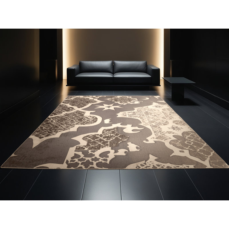 Machine Washable Penola Global Inspired Moroccan Rug in Brown – Beige Binding, 5' Round