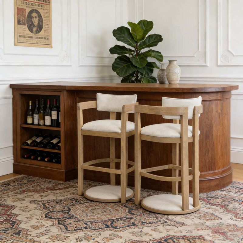 30" Wooden Frame and Upholstered barstool, Beige,Natural Ash