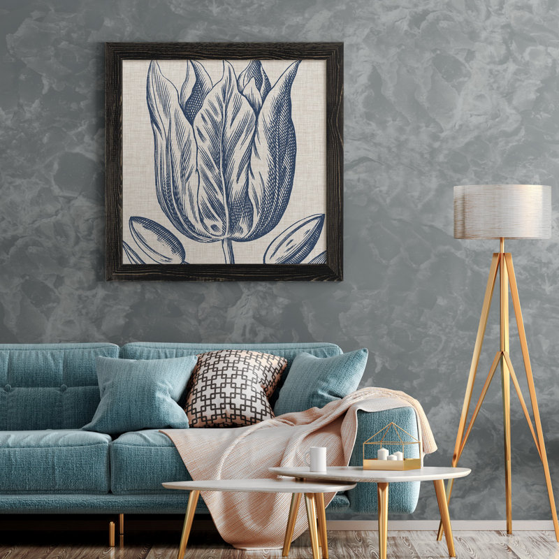 Indigo floral sur lin VI - reproduction encadrée de qualité supérieure - prêt à être accroché - impression encadrée sur papier