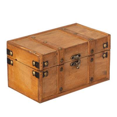  Farmhouse Antique-style Wood Treasure Chest With Leather Straps & Front Latch Decorative Storage Trunk For Trinkets Jewelry Or Letters Rustic Accent For Home Or Office Decor, Small