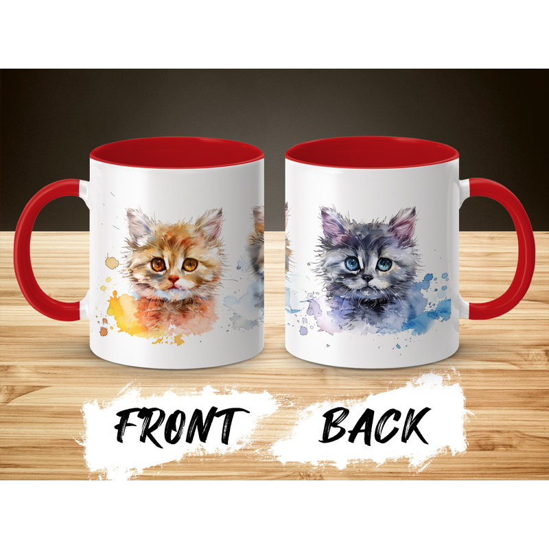 Cat Design 11oz Accent Mug – White Ceramic Coffee Cup with Colored Handle and Interior, Red, 4