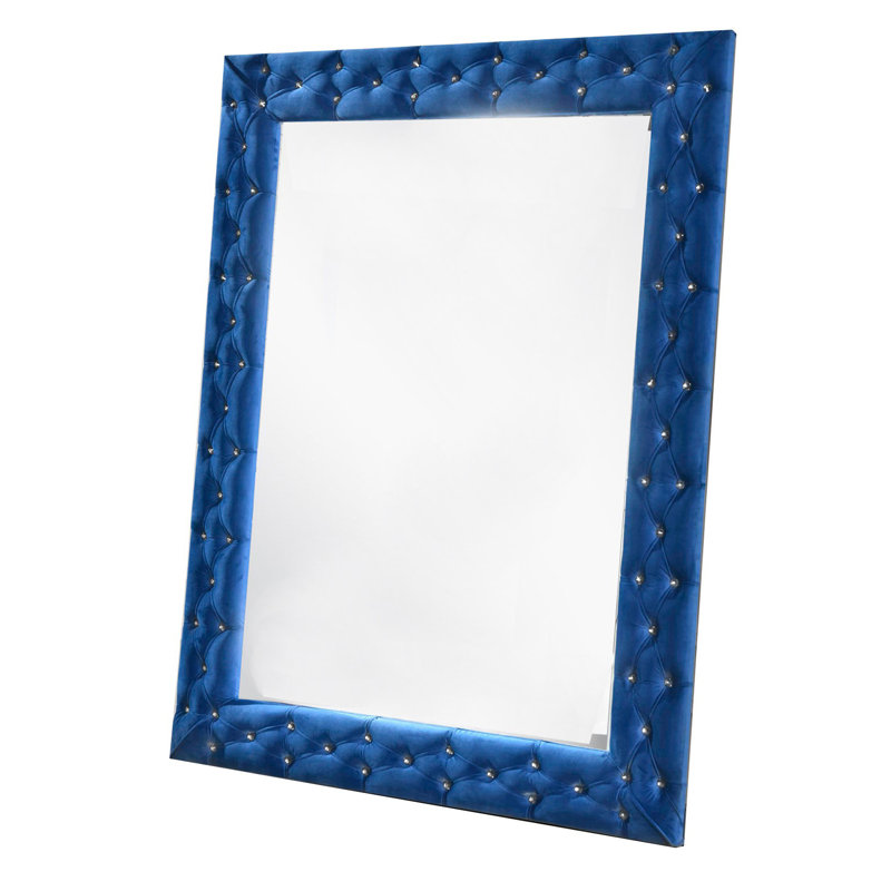 Miroir décoratif Izaic avec cadre en velours et capitonnage à boutons, Bleu