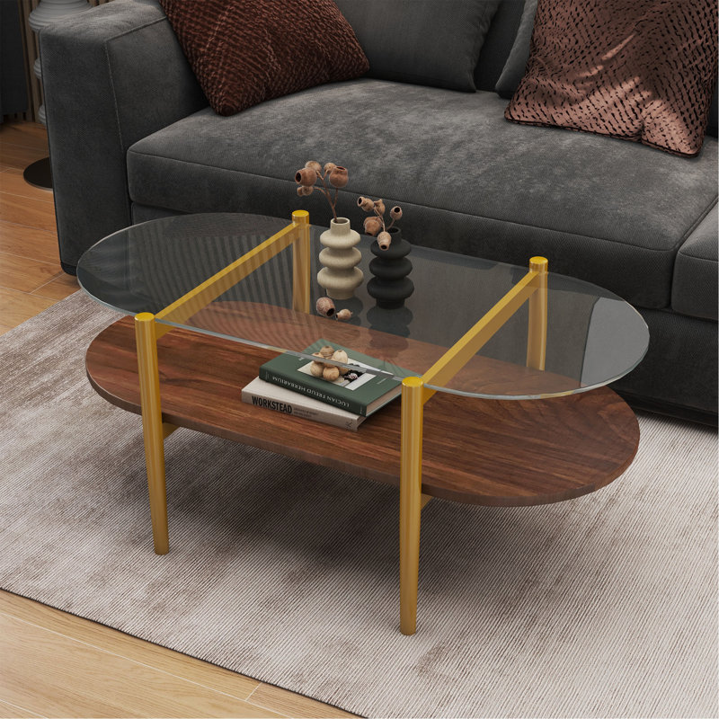 Table basse ovale en verre au design moderne, longueur 41 x largeur 21 x hauteur 17 pouces, pour le salon, structure à double couche avec fonction de rangement, verre transparent et panneau de fibres à densité moyenne