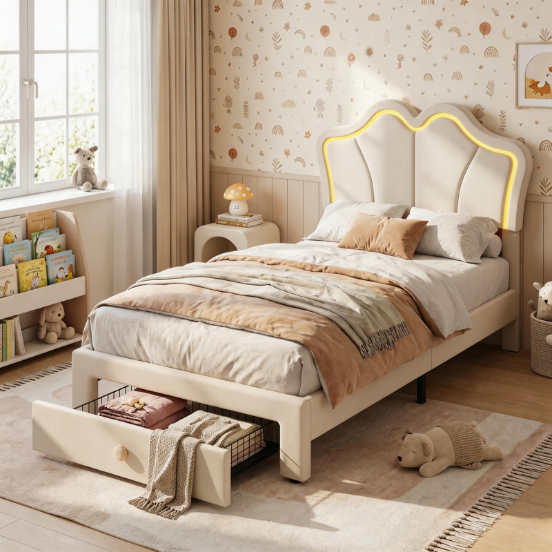 Twin Bed Frame with Storage, Upholstered LED Bed Frame with Headboard, Cute Velvet Platform Bed Frame for Kids, Solids Wood Slats Support, No Box Spring Needed, Easy Assembly, White