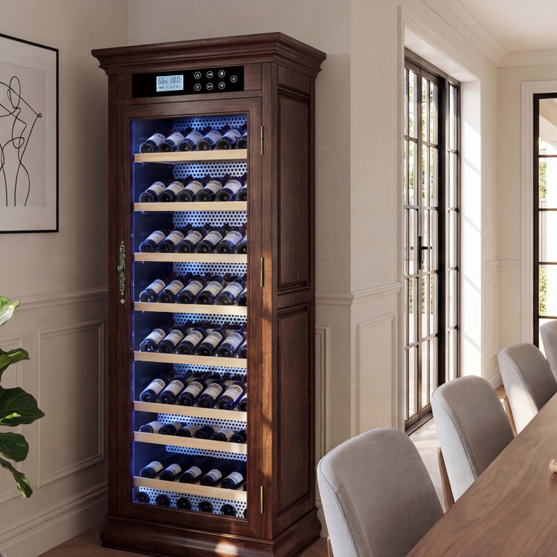 Freestanding Wine Cabinet, Stylish Wine Cooler With UV-Resistant Glass Door, LED Light & Storage Rack, Walnut