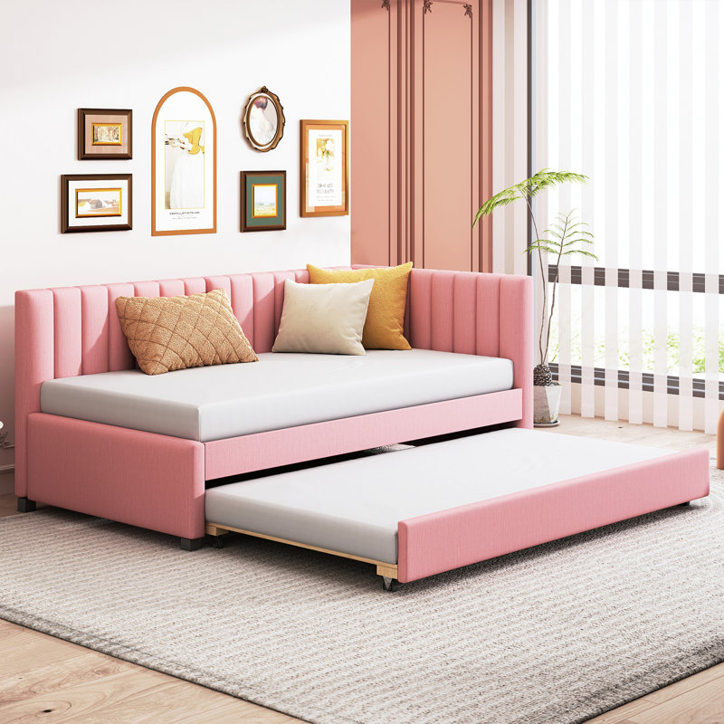 Lit de jour rembourré avec couchette simple pour canapé-lit, pas de sommier tapissier, tissu en lin, Pink
